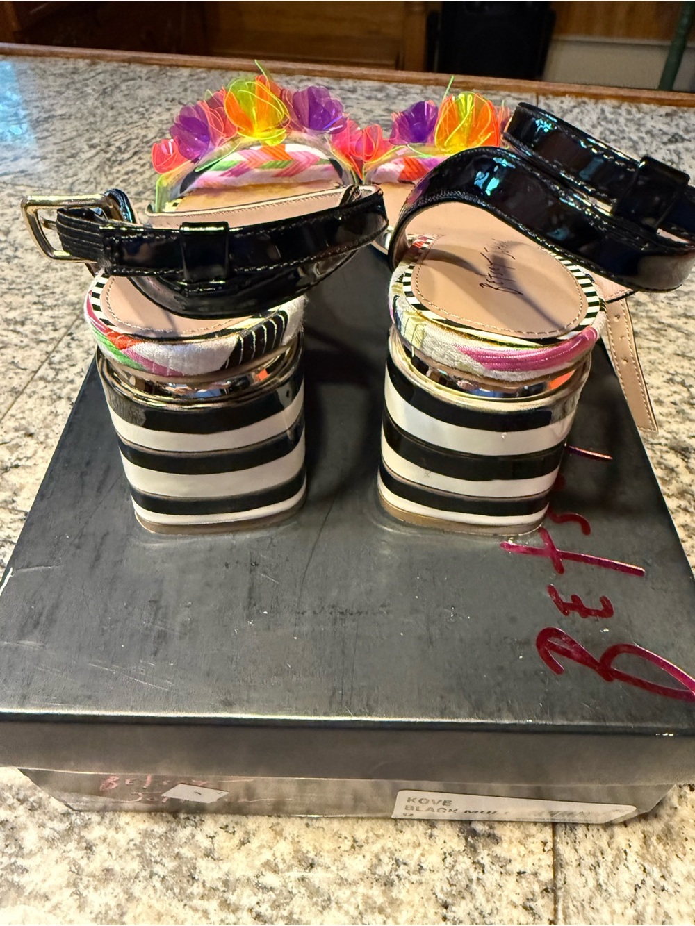 Betsey Johnson Black Ankle-Strap Sandals with Neon Floral Accents - Picture 4 of 6